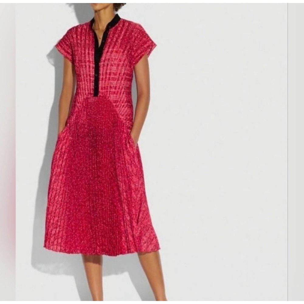 COACH Red And Black Pleated Midi Dress Womens Size 0 Like New Luxury Designer
